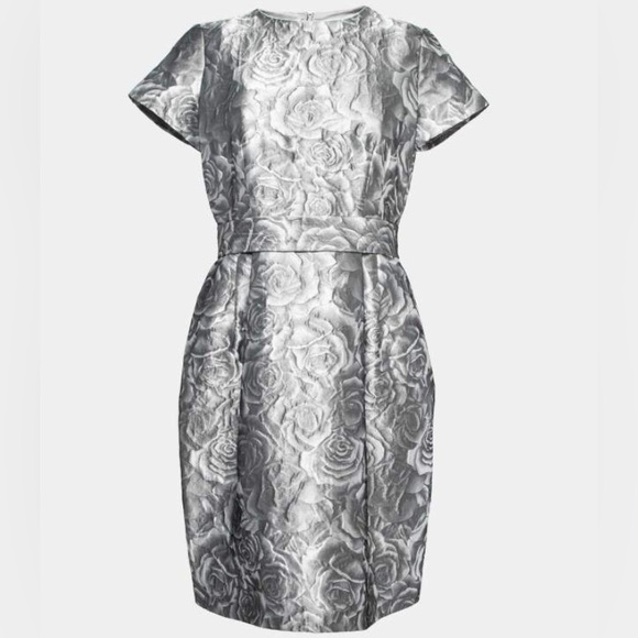 CH Carolina Herrera Grey Floral Embossed Jacquard Belted Knee Length Dress s 2 - Picture 3 of 13